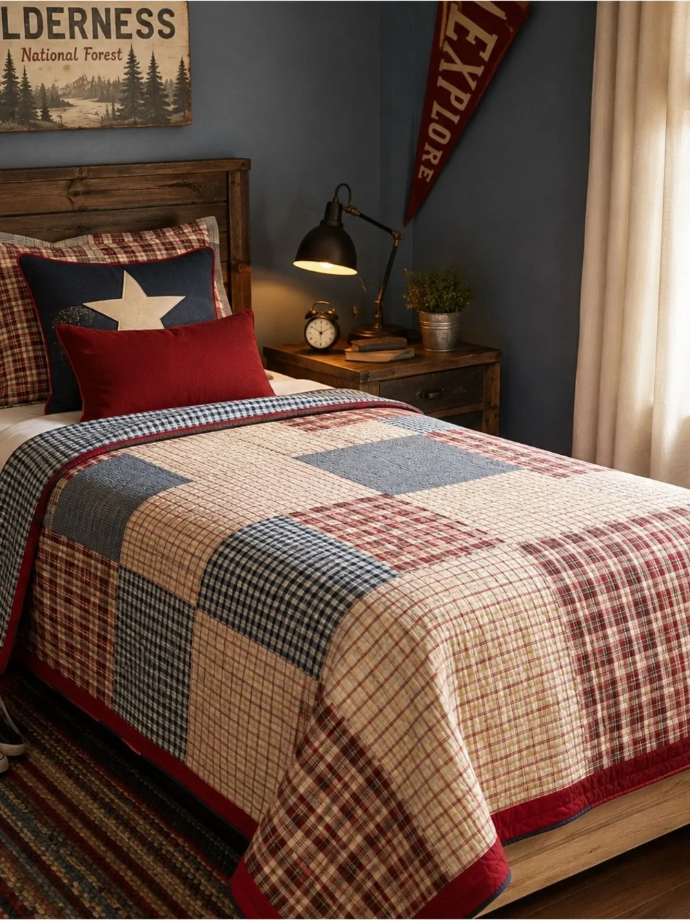 Cotton Patchwork Quilt Twin 68” x 85” – Red Navy Plaid Gingham